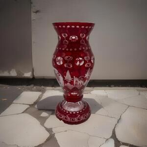 Egermann Ruby Red Cut To Clear Glass Vase Czech Bohemian 8.5” Tall. READ